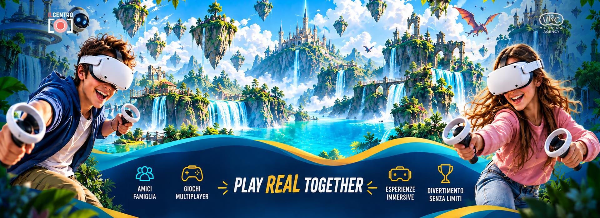 Due ragazzi con visori VR nel mondo fantasy di VRC al Centro di Arese